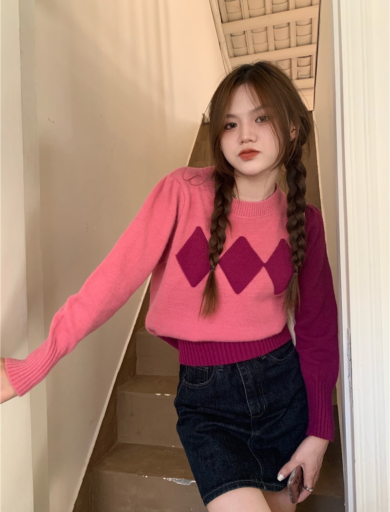 Loose retro quilted long sleeve pullover sweater