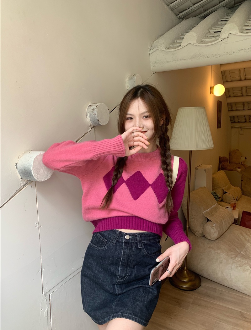 Loose retro quilted long sleeve pullover sweater