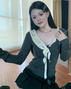 Long sleeve lace slim polka dot spring splice tops