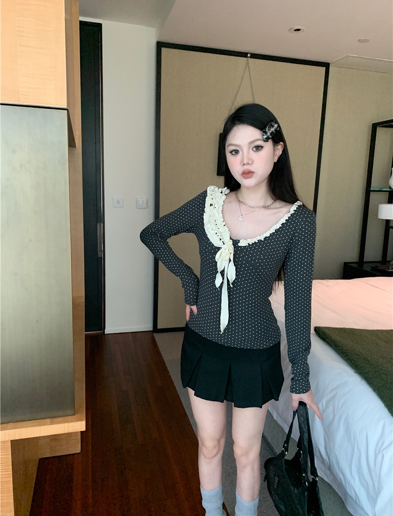 Long sleeve lace slim polka dot spring splice tops