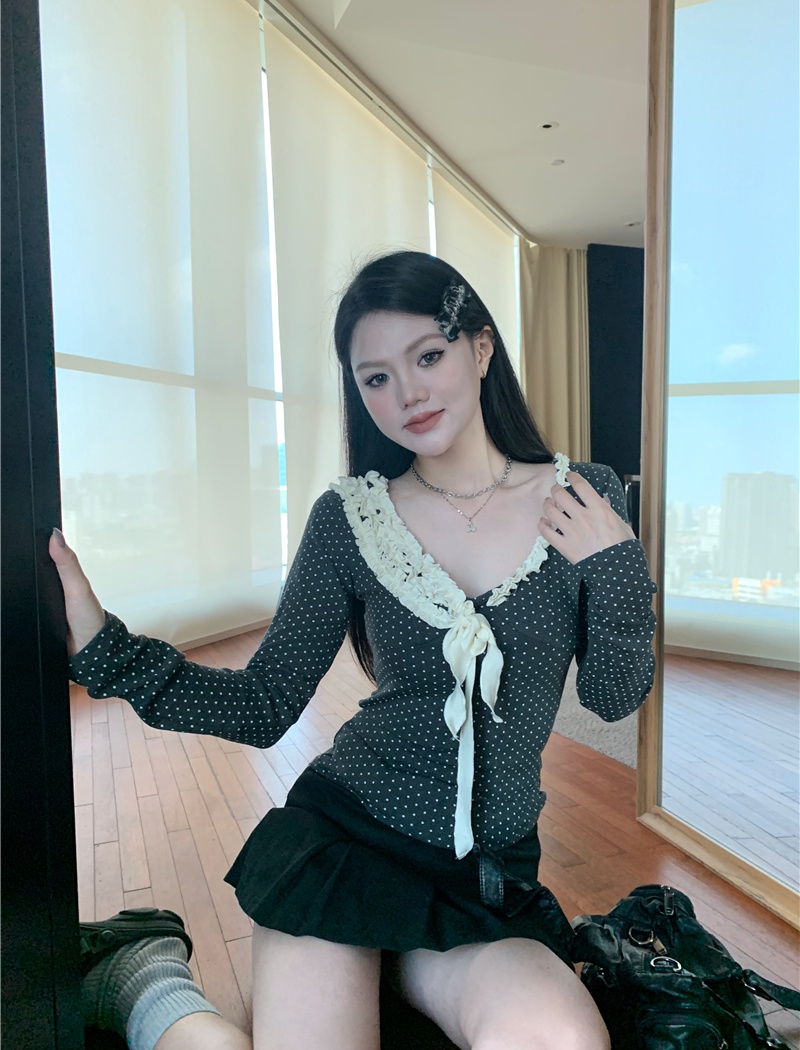 Long sleeve lace slim polka dot spring splice tops