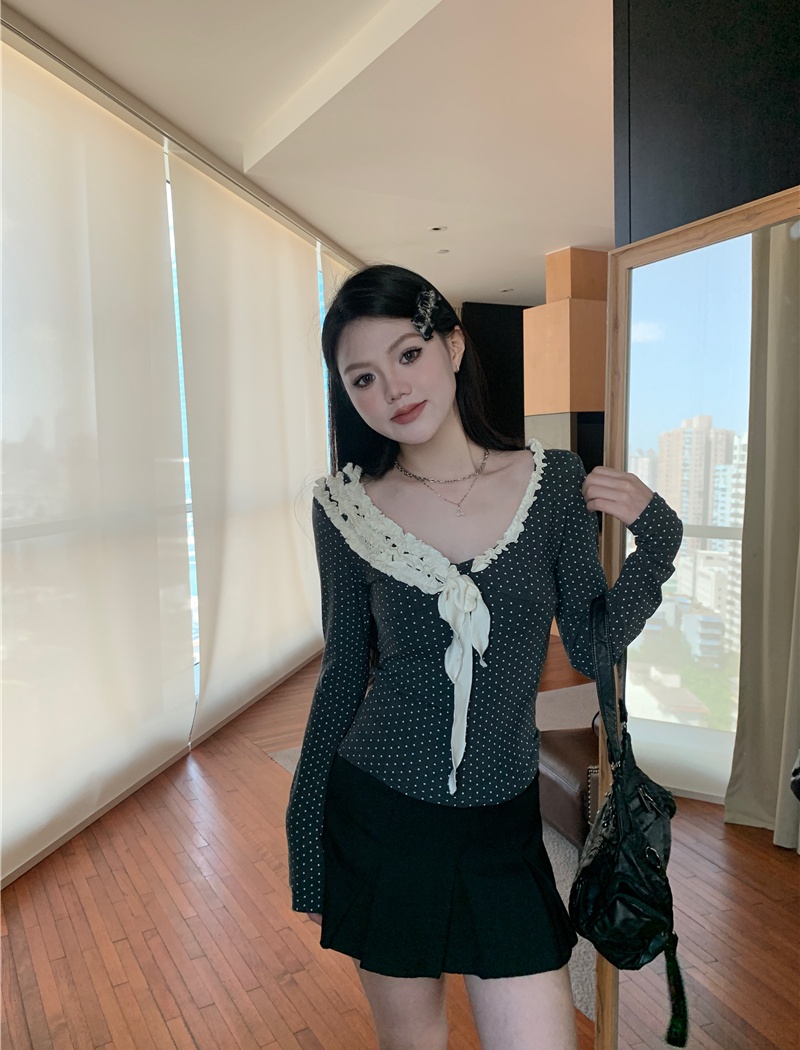 Long sleeve lace slim polka dot spring splice tops