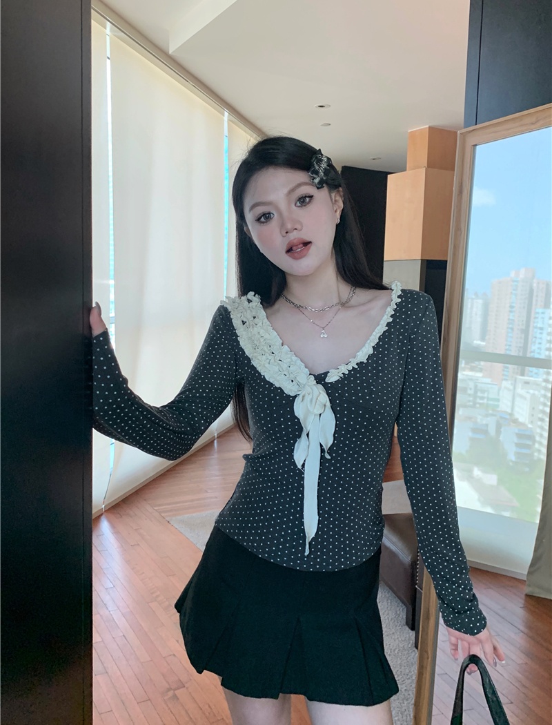 Long sleeve lace slim polka dot spring splice tops