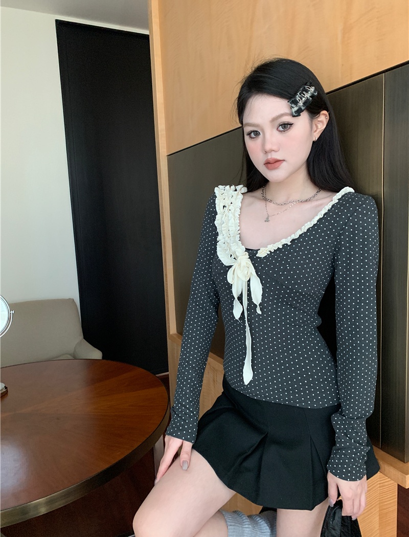 Long sleeve lace slim polka dot spring splice tops