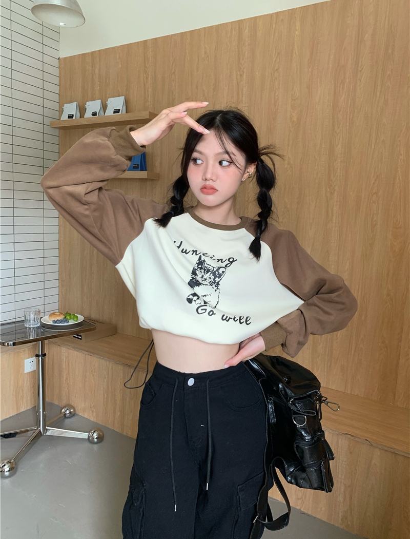 Spring mixed colors short pinched waist retro hoodie