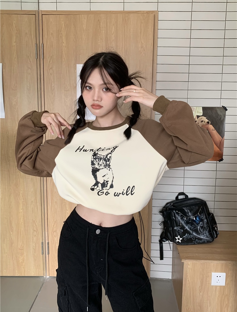 Spring mixed colors short pinched waist retro hoodie