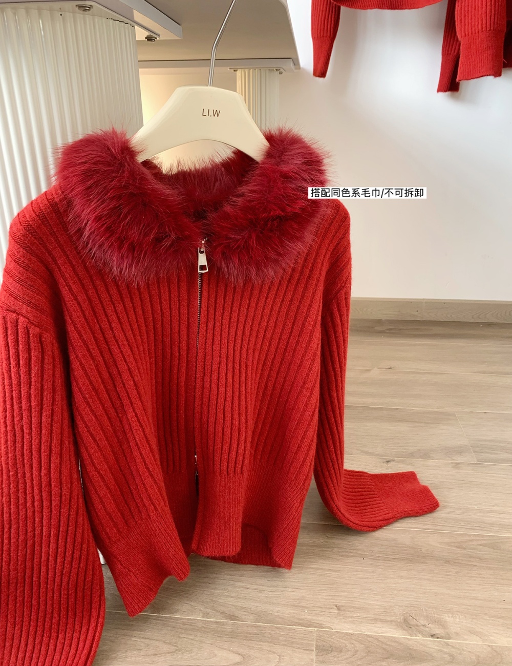 Red knitted winter cardigan fur collar hooded coat for women