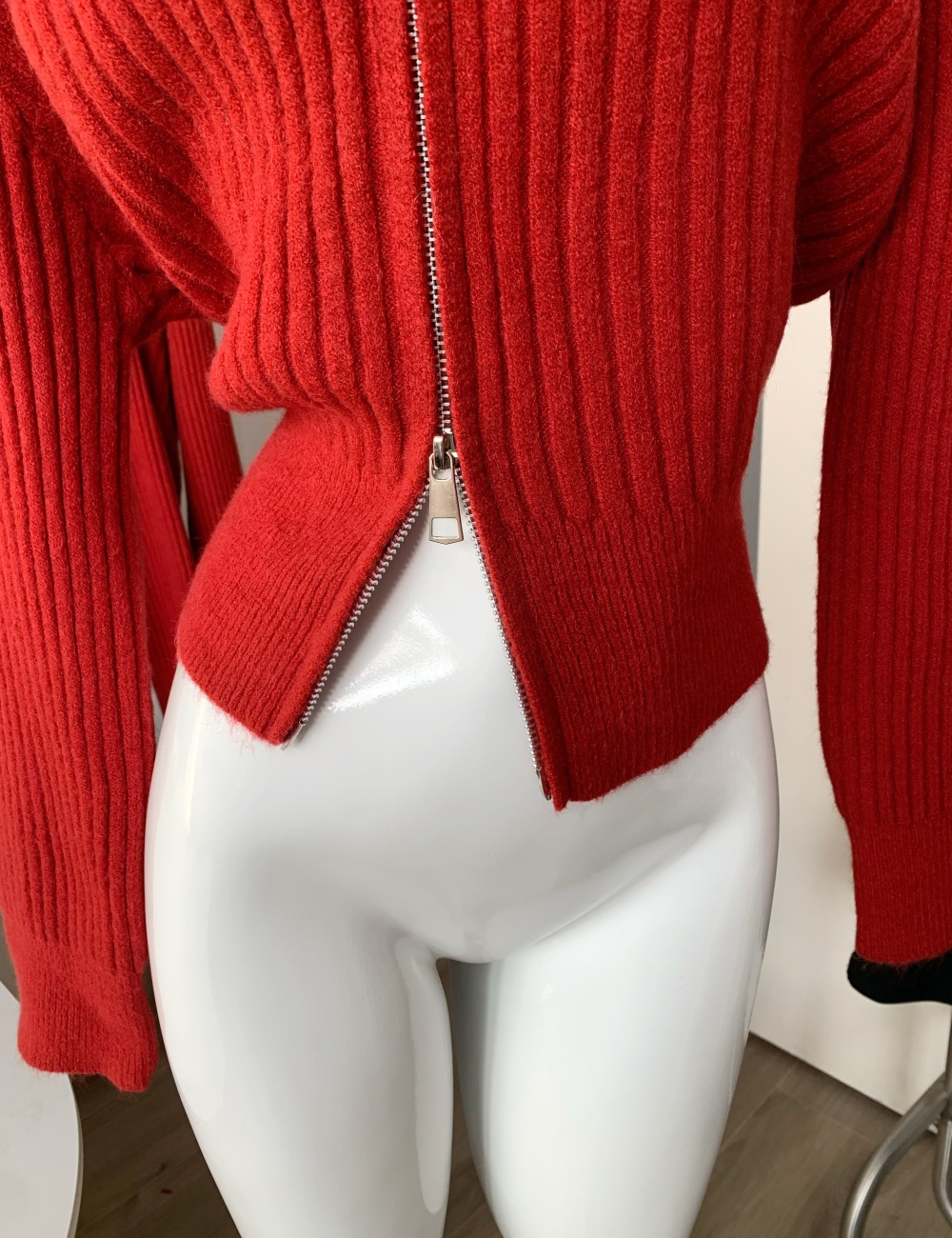 Red knitted winter cardigan fur collar hooded coat for women