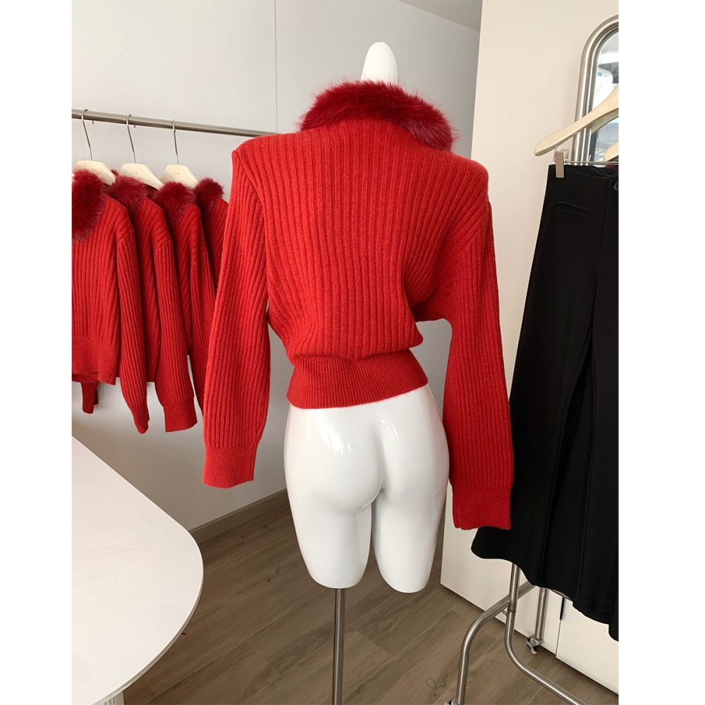 Red knitted winter cardigan fur collar hooded coat for women