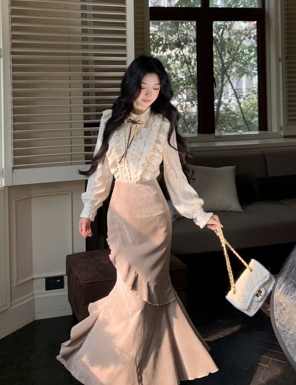 Mermaid skirt temperament shirt 2pcs set for women