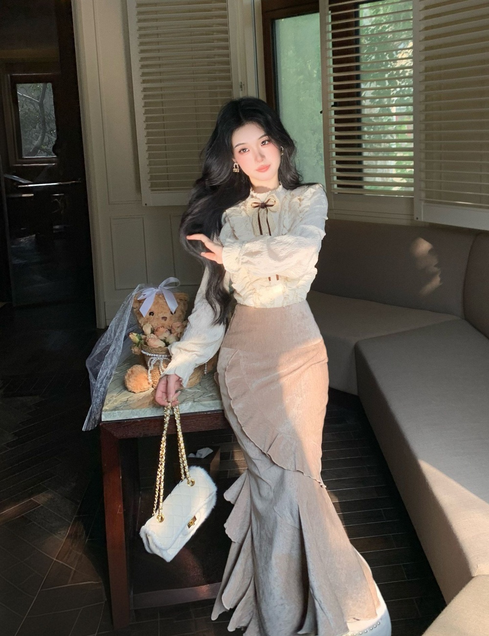 Mermaid skirt temperament shirt 2pcs set for women