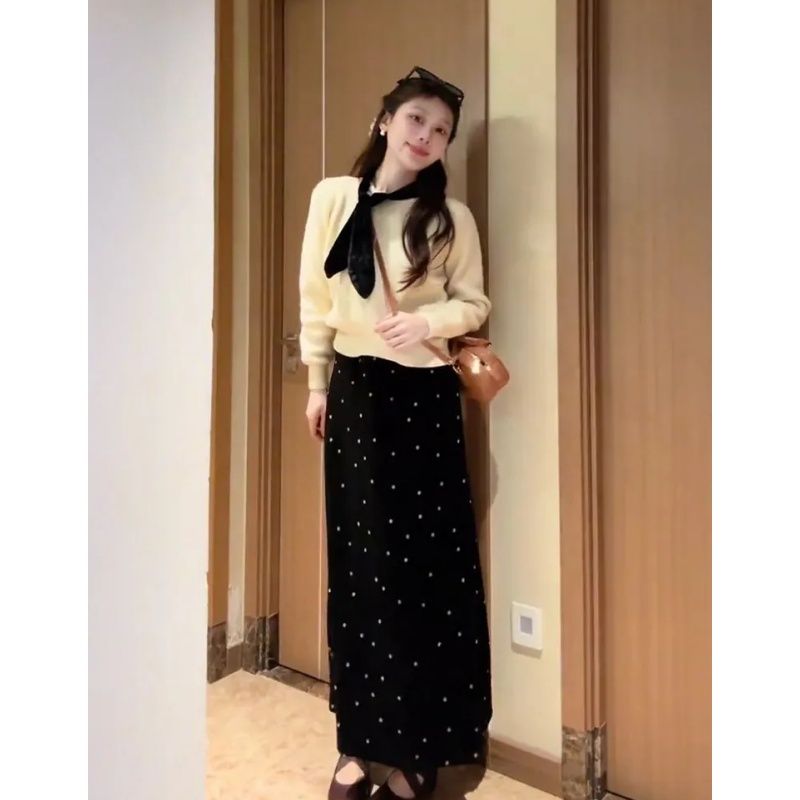 Knitted Korean style skirt polka dot sweater 2pcs set