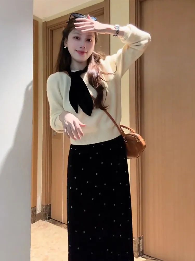 Knitted Korean style skirt polka dot sweater 2pcs set
