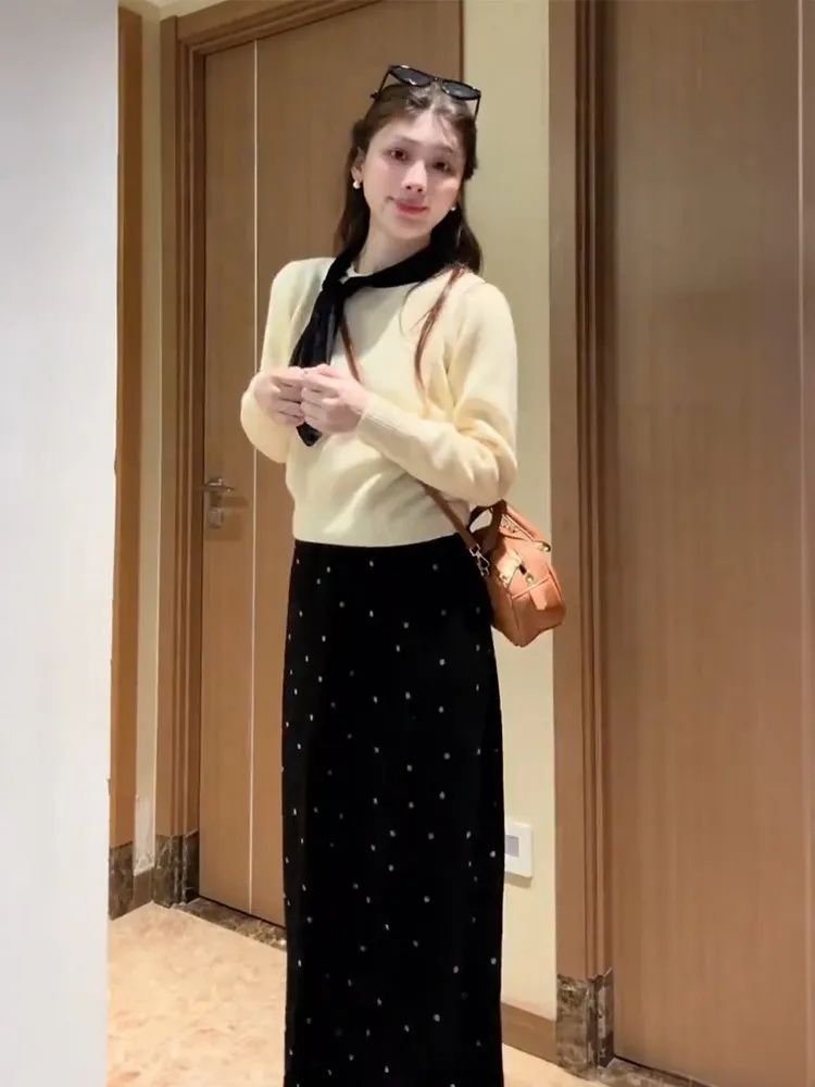 Knitted Korean style skirt polka dot sweater 2pcs set