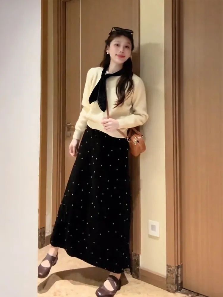 Knitted Korean style skirt polka dot sweater 2pcs set