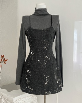 Rose winter strap dress sequins bottoming shirt a set