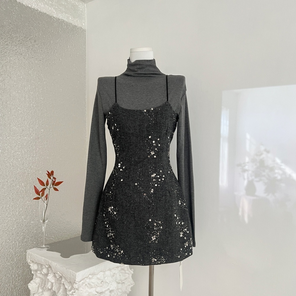 Rose winter strap dress sequins bottoming shirt a set