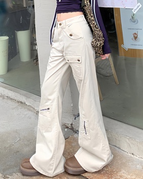 Spring denim long pants wide leg many pocket pants