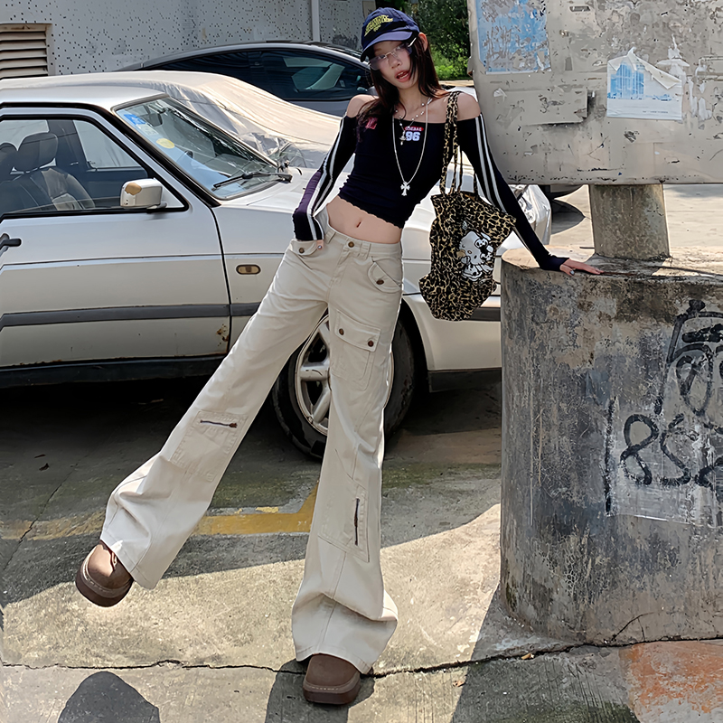 Spring denim long pants wide leg many pocket pants