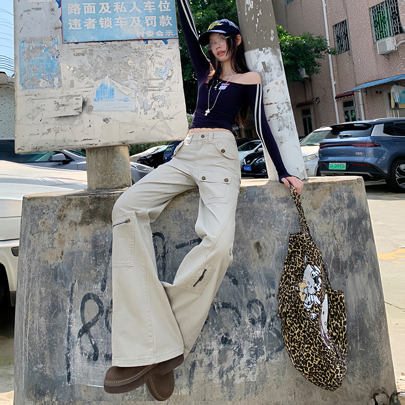 Spring denim long pants wide leg many pocket pants