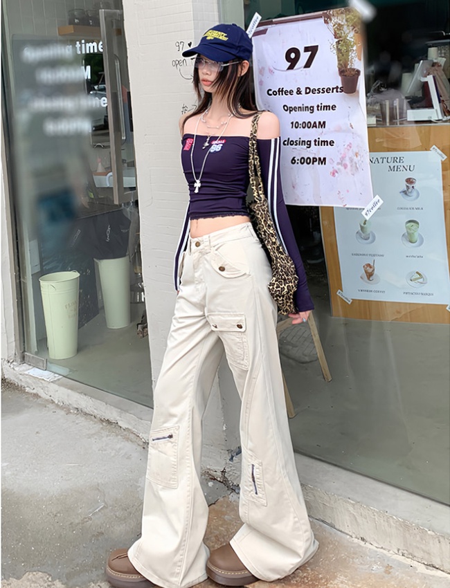 Spring denim long pants wide leg many pocket pants