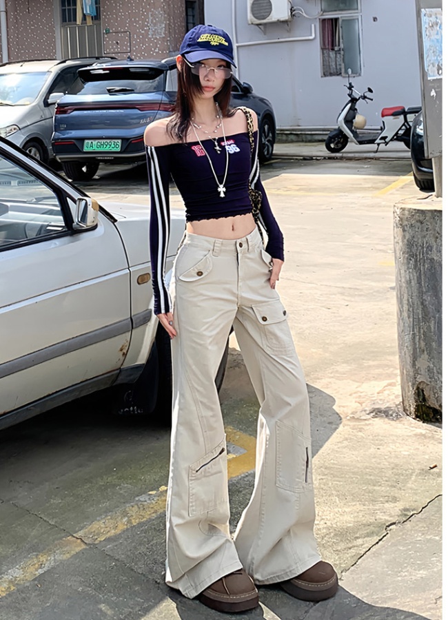 Spring denim long pants wide leg many pocket pants