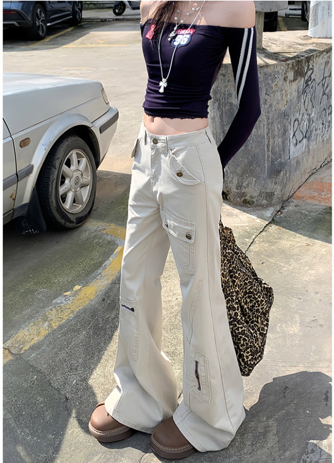 Spring denim long pants wide leg many pocket pants