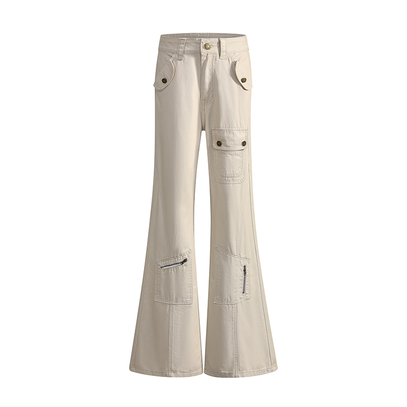 Spring denim long pants wide leg many pocket pants