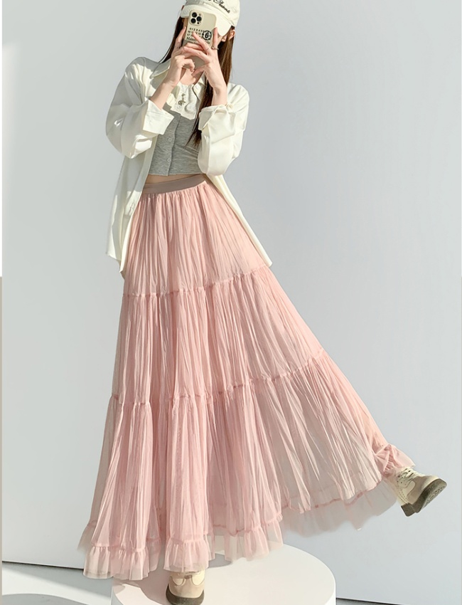Gauze fold sweet drape spring splice skirt for women