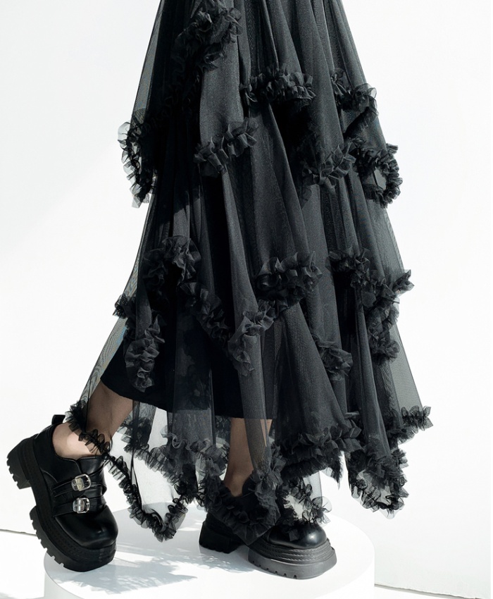 Spring long gauze irregular high waist skirt for women