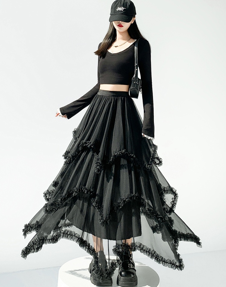 Spring long gauze irregular high waist skirt for women