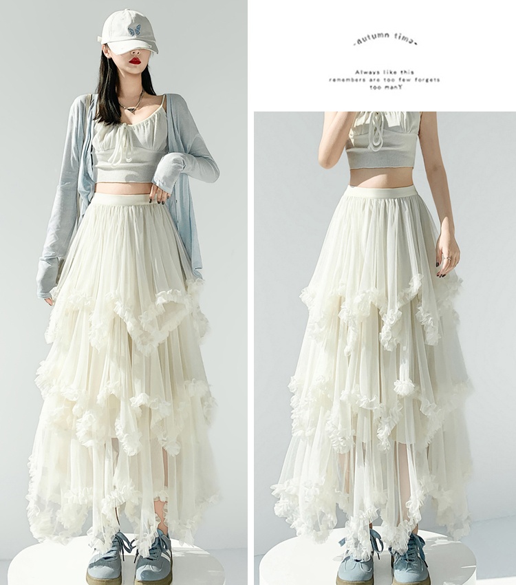 Spring long gauze irregular high waist skirt for women