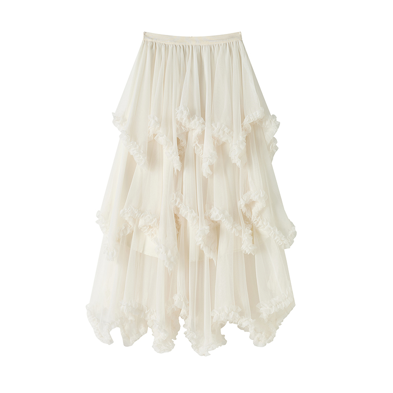Spring long gauze irregular high waist skirt for women