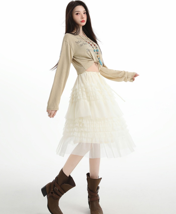 Spring high waist long splice wood ear skirt for women