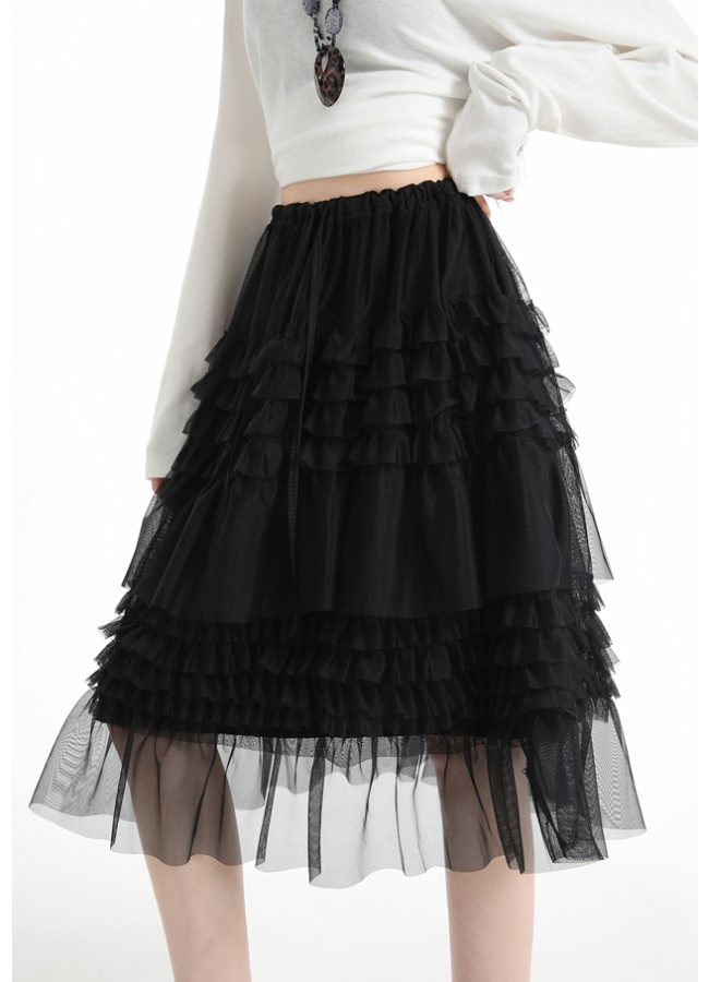 Spring high waist long splice wood ear skirt for women
