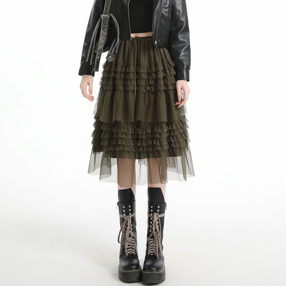 Spring high waist long splice wood ear skirt for women