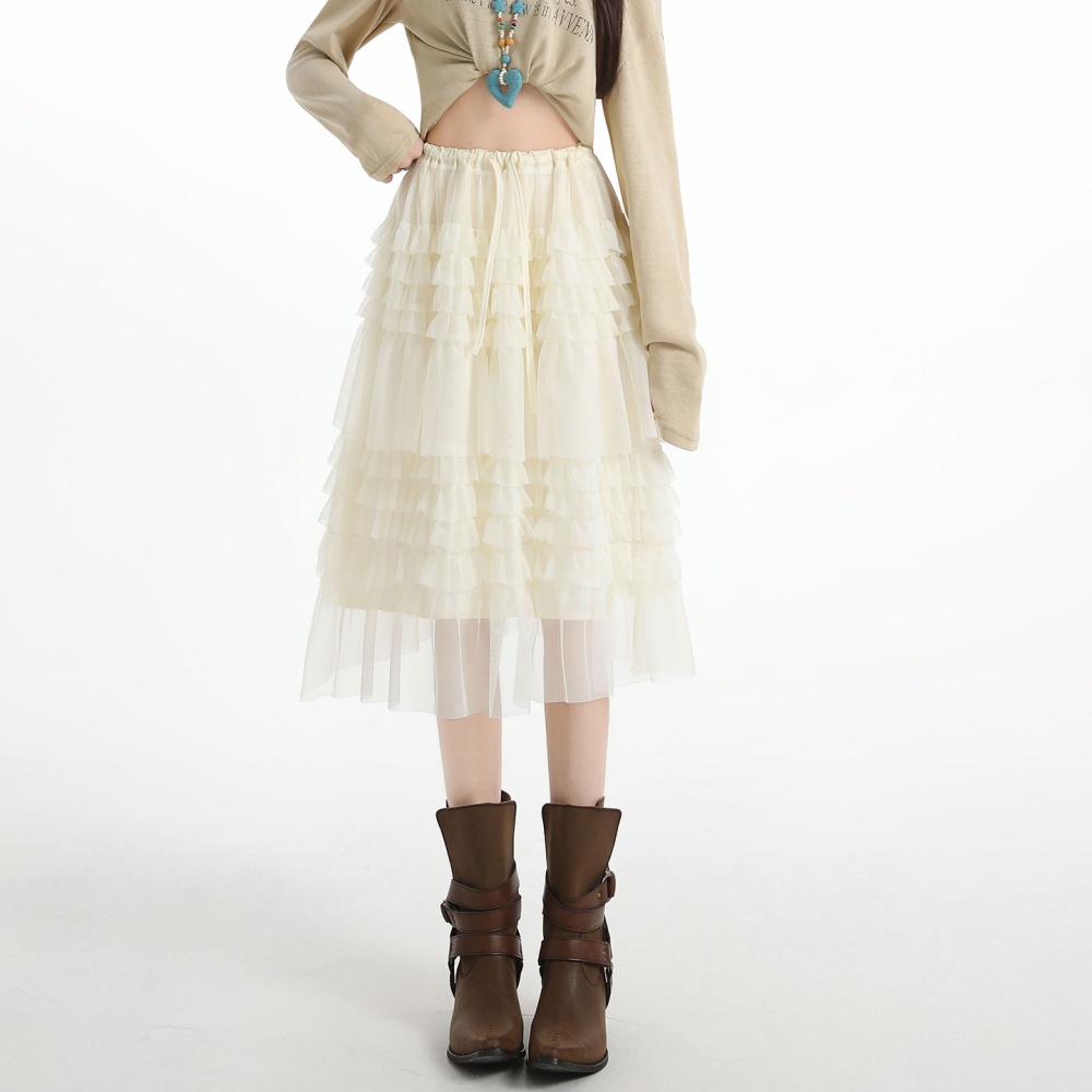 Spring high waist long splice wood ear skirt for women