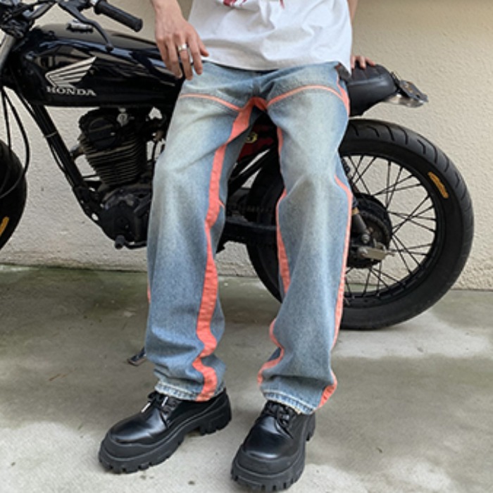 Mixed colors couples wide leg pants stripe straight long pants