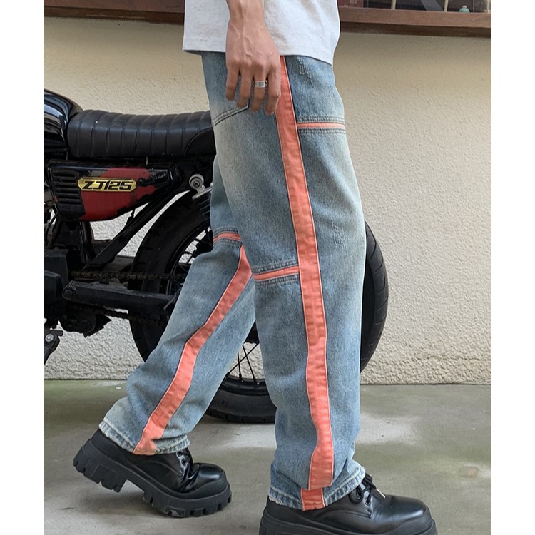 Mixed colors couples wide leg pants stripe straight long pants