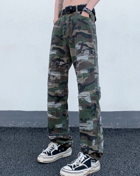 Camouflage worn drape jeans straight retro washed pants