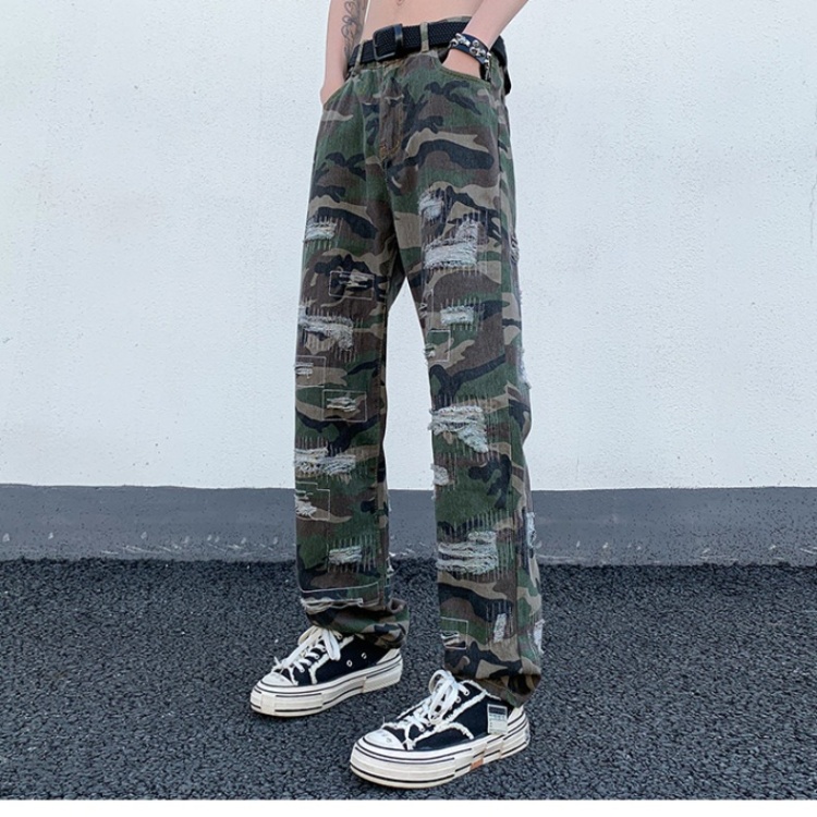 Camouflage worn drape jeans straight retro washed pants