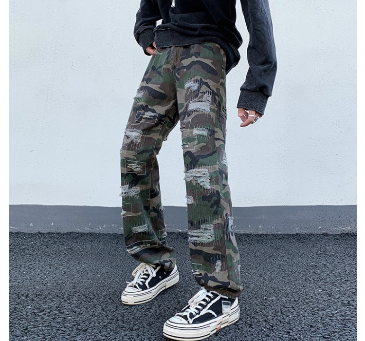 Camouflage worn drape jeans straight retro washed pants