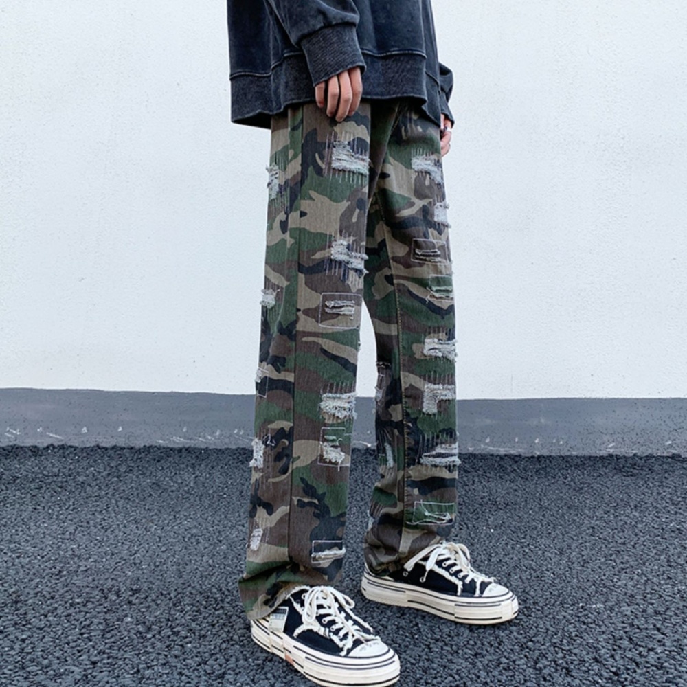 Camouflage worn drape jeans straight retro washed pants