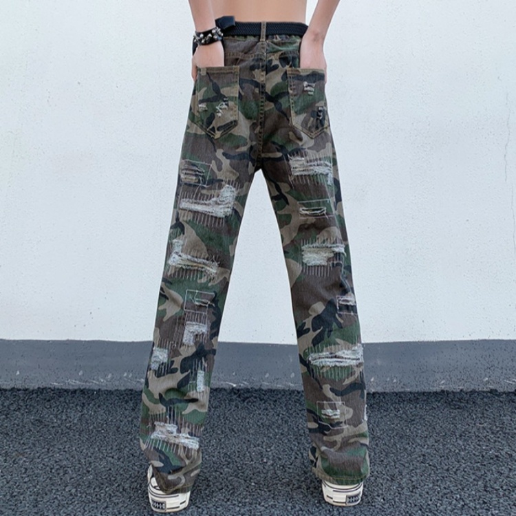 Camouflage worn drape jeans straight retro washed pants
