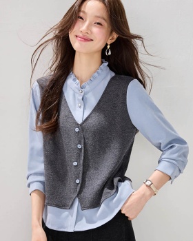 Knitted splice tops fashion Pseudo-two shirt
