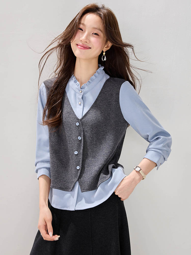 Knitted splice tops fashion Pseudo-two shirt
