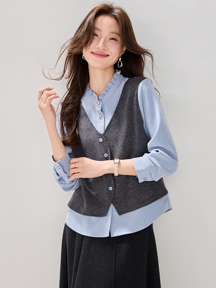 Knitted splice tops fashion Pseudo-two shirt