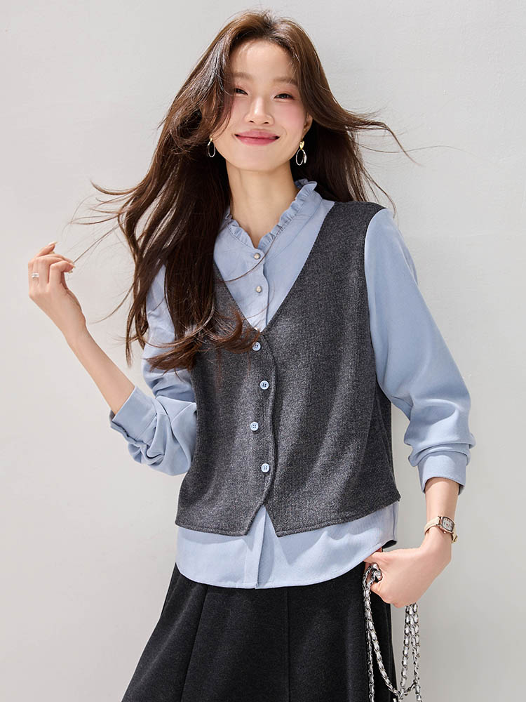 Knitted splice tops fashion Pseudo-two shirt