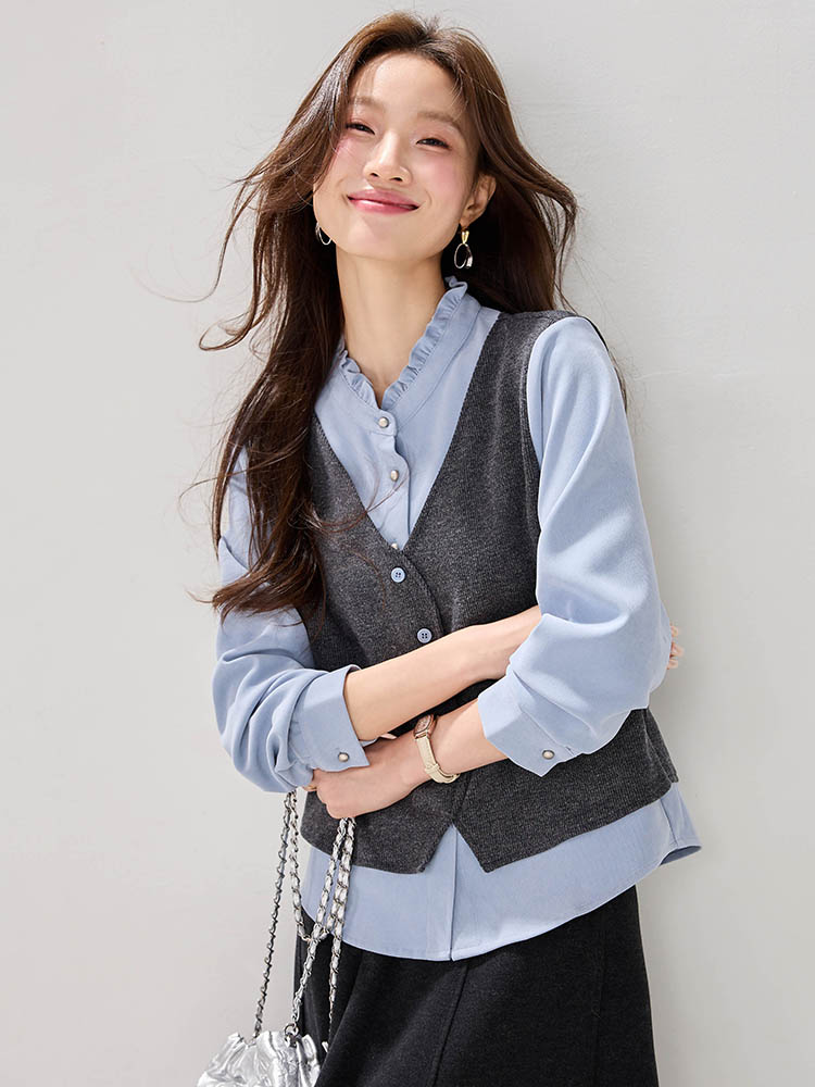 Knitted splice tops fashion Pseudo-two shirt