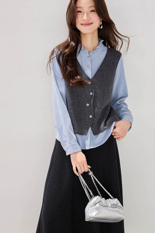 Knitted splice tops fashion Pseudo-two shirt